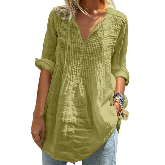 Women’s V-Neck Pleated Long-Sleeve Top