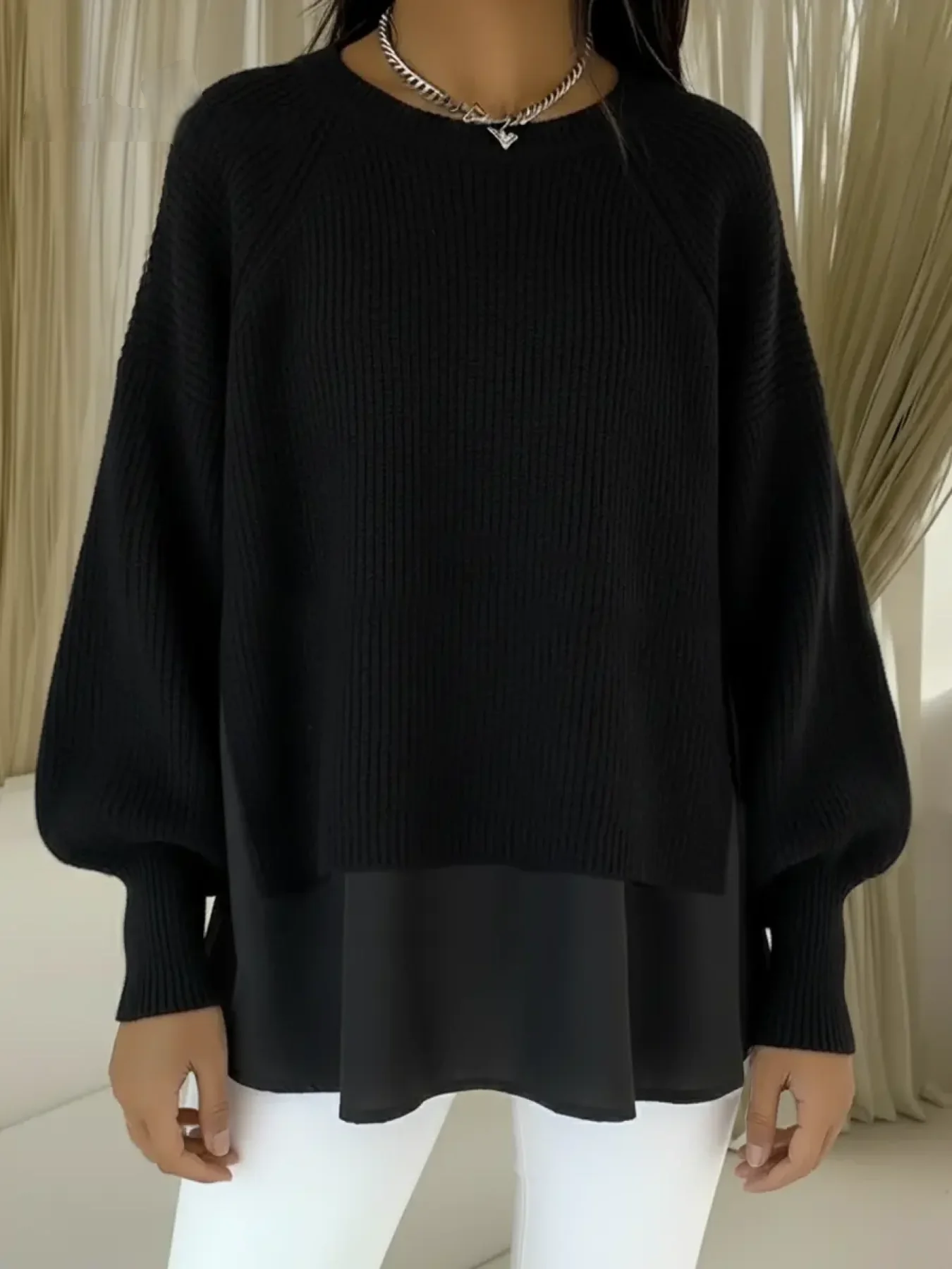 Women’s Patchwork Lantern-Sleeve Layered Knit Sweater