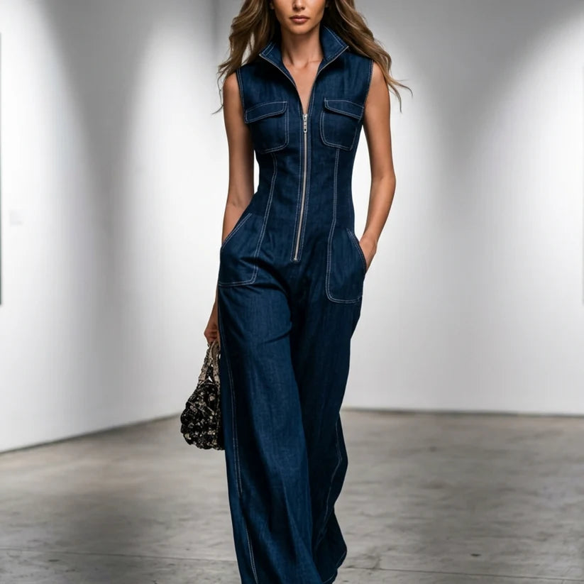 Women's Sleeveless Zip-Front Denim Jumpsuit