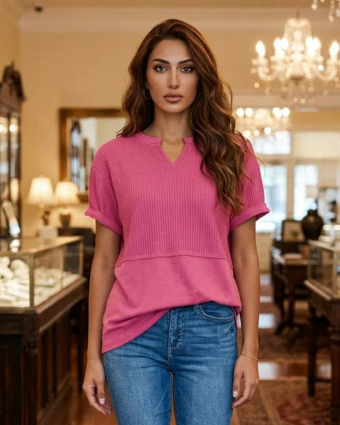 Women’s Mixed-Texture Notch-Neck T-Shirt