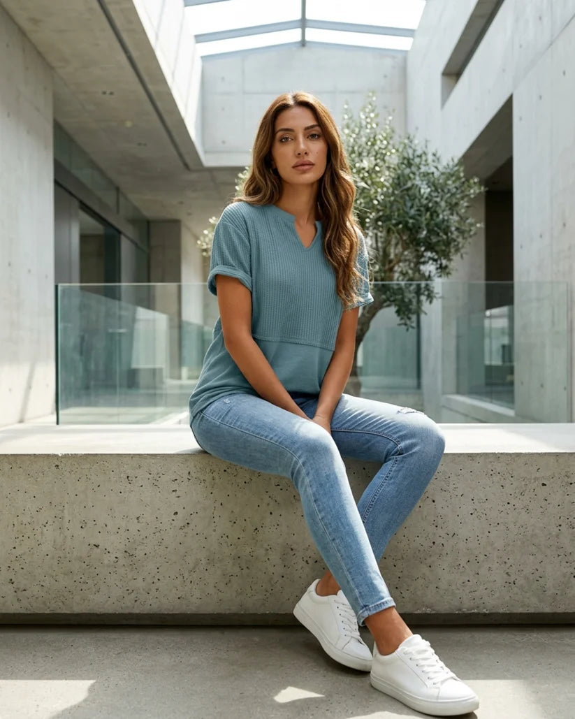 Women’s Mixed-Texture Notch-Neck T-Shirt