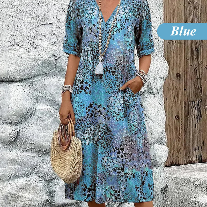 Women's Printed V-Neck Midi Dress