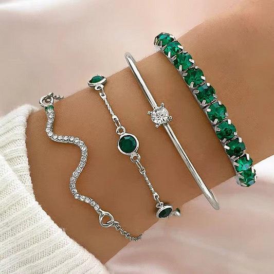 Women’s Emerald Crystal Gold Layered Bracelet Set