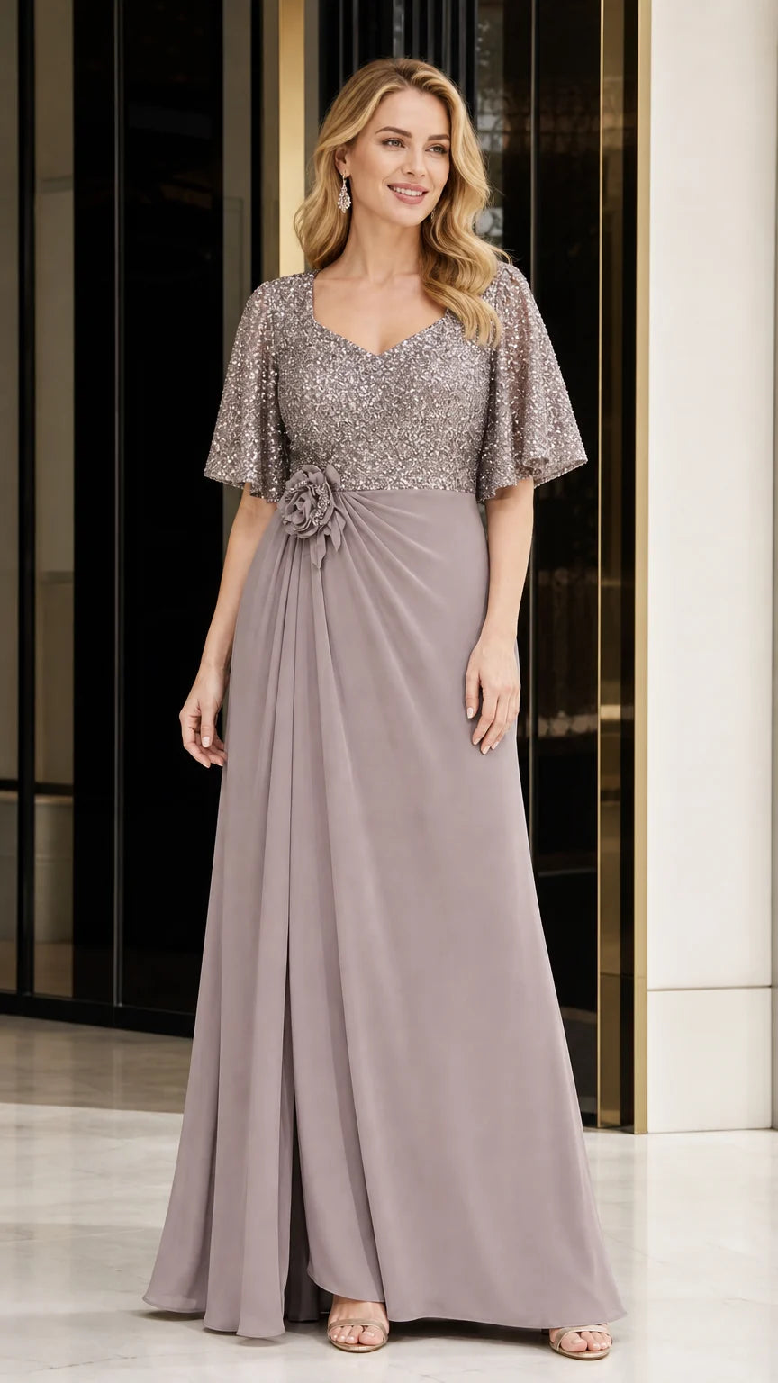 Women's Sequin Bodice Ruffle Sleeve Maxi Dress