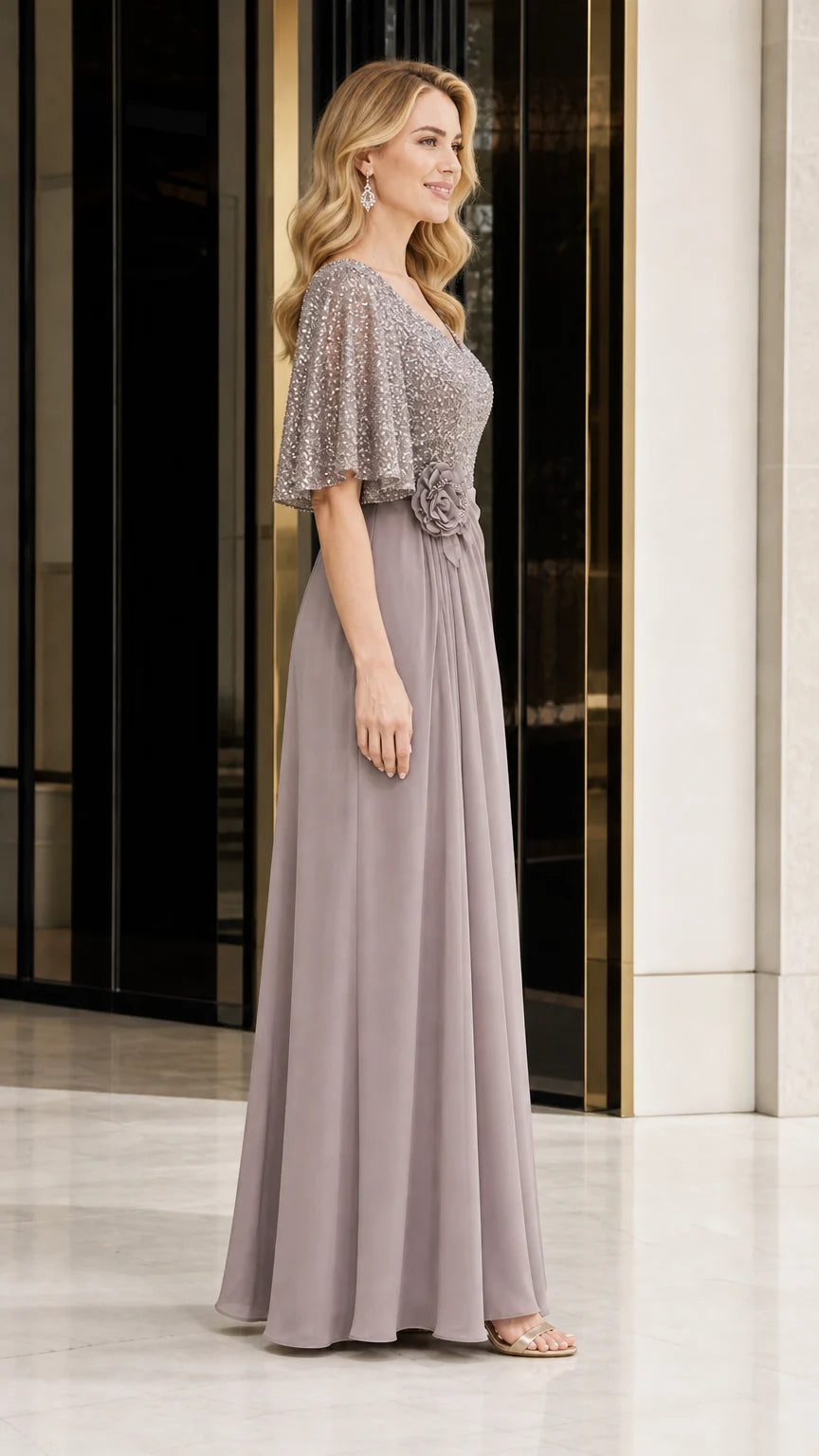 Women's Sequin Bodice Ruffle Sleeve Maxi Dress