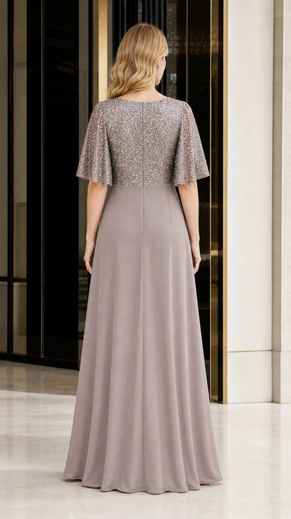 Women's Sequin Bodice Ruffle Sleeve Maxi Dress