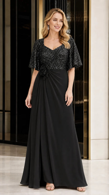Women's Sequin Bodice Ruffle Sleeve Maxi Dress