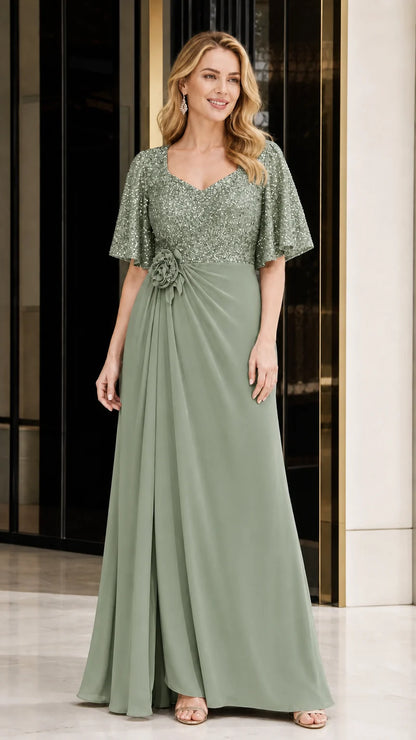 Women's Sequin Bodice Ruffle Sleeve Maxi Dress