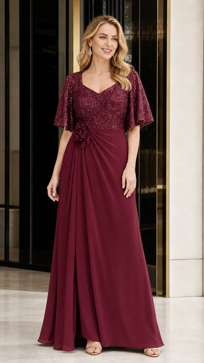 Women's Sequin Bodice Ruffle Sleeve Maxi Dress