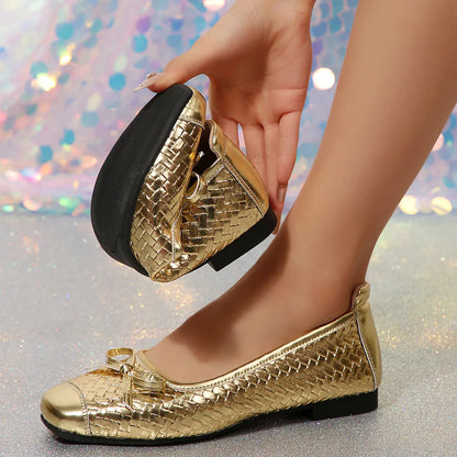 Women’s Gold-Tone Woven Bow Ballet Flats