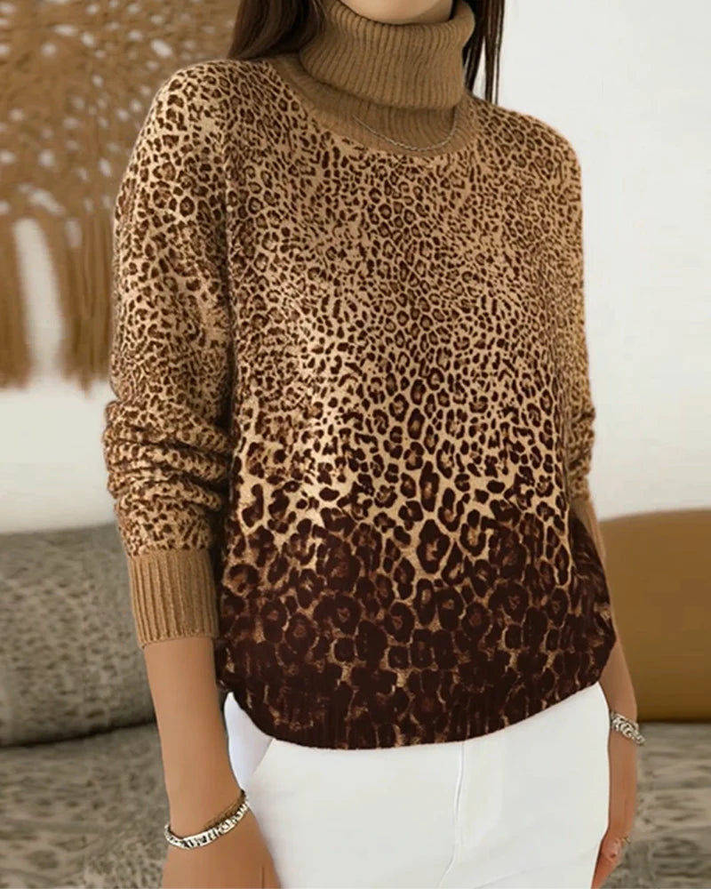 Women’s Leopard Print High-Neck Relaxed Knit Jumper