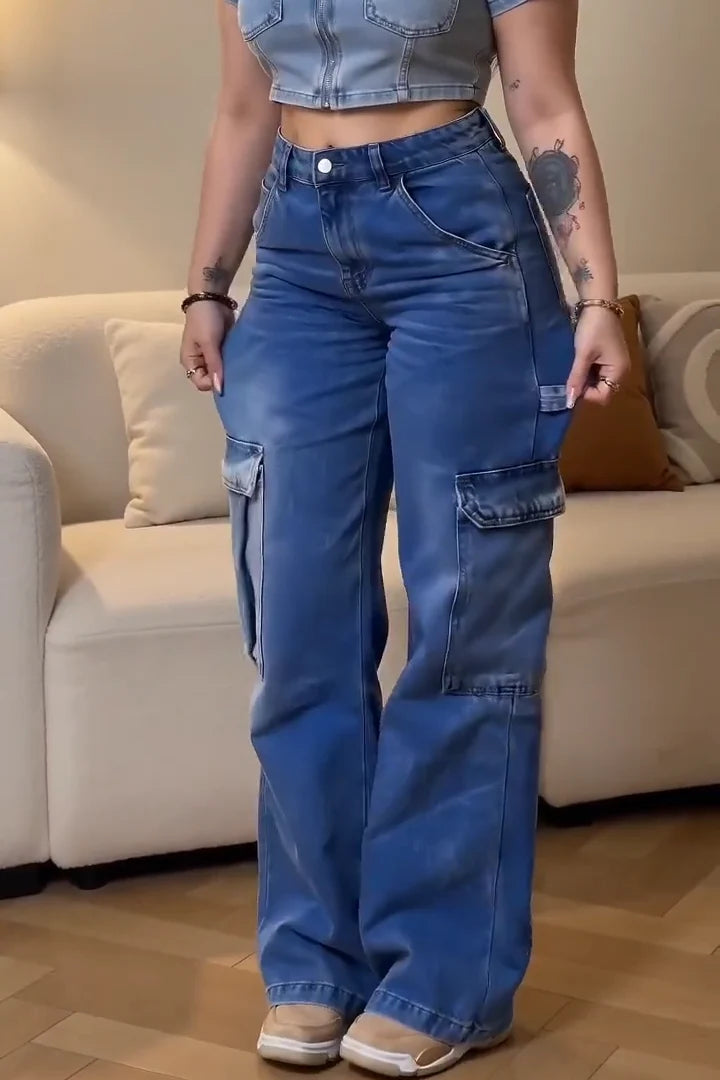 Women’s High-Waisted Loose Cargo Denim Jeans