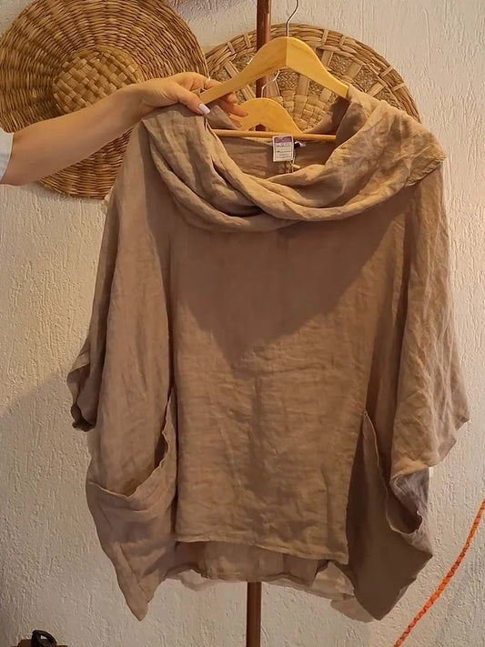 Women’s Draped Neck Linen-Blend Pocket Top