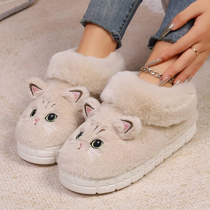 Women’s Plush Cat Face Indoor Slippers with Warm Lined Collar