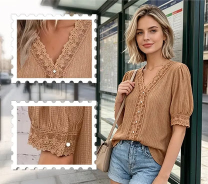 Women's Lace Patchwork V-Neck Puff-Sleeve Blouse
