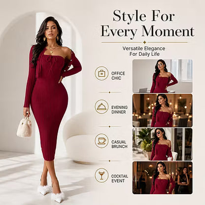 Women's Ribbed Midi Dress & Cropped Cardigan Set