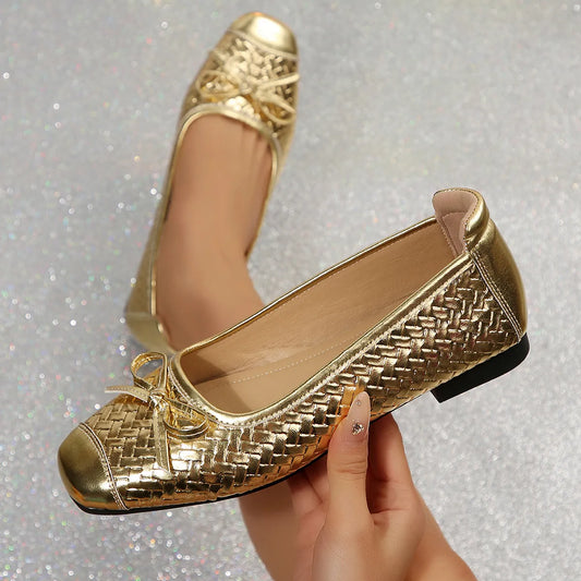Women’s Gold-Tone Woven Bow Ballet Flats