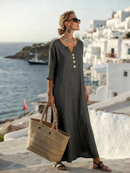 Women’s Relaxed V-Neck Button Detail Midi Dress