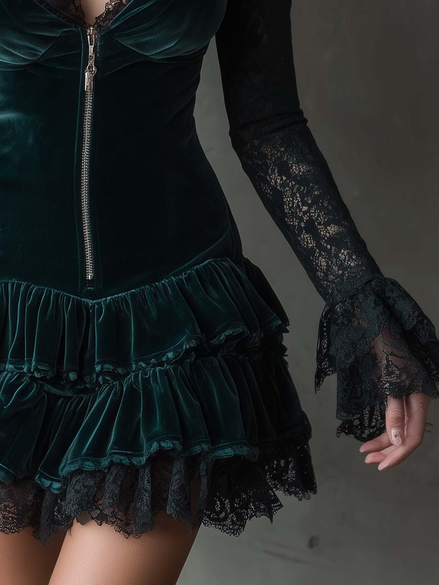 Women’s Dark Green Velvet Lace Sleeve Mini Dress with Zip Front