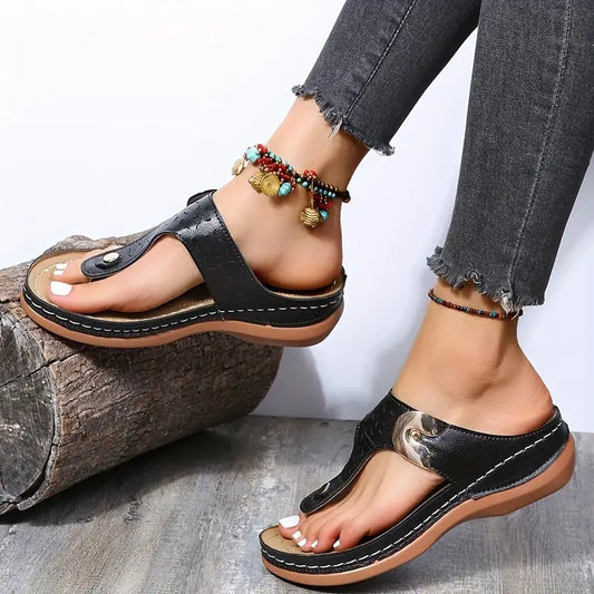Women’s T-Strap Buckle Sandals – Comfortable Mid-Heel Slip-On