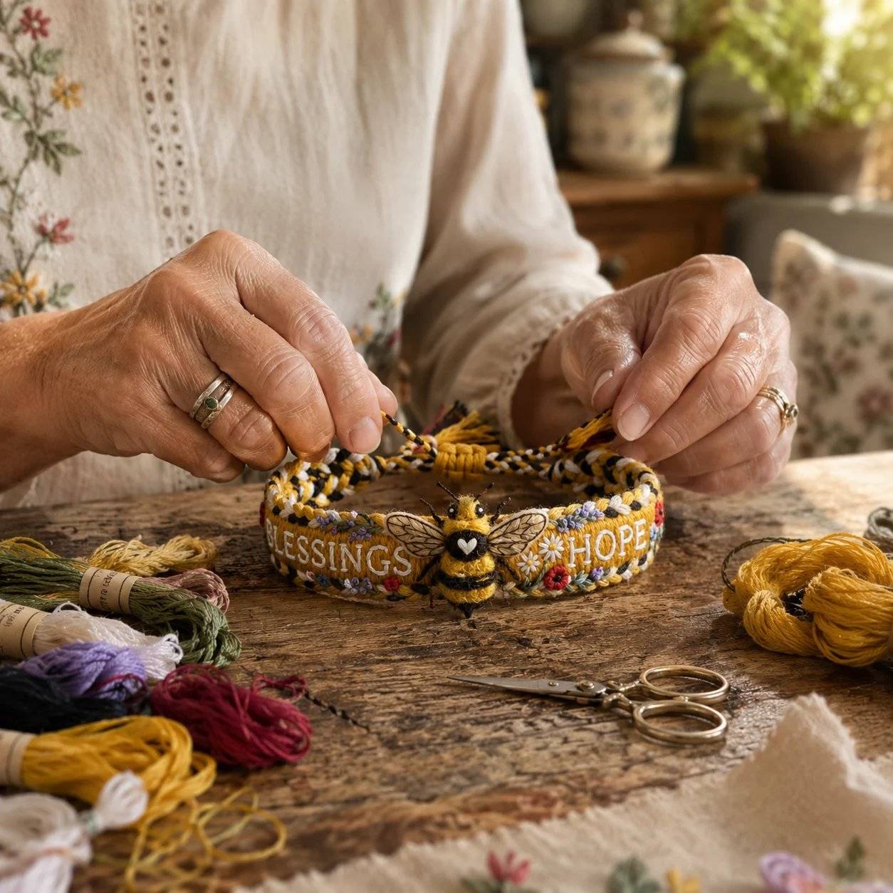 Bee Embroidered Woven Bracelet