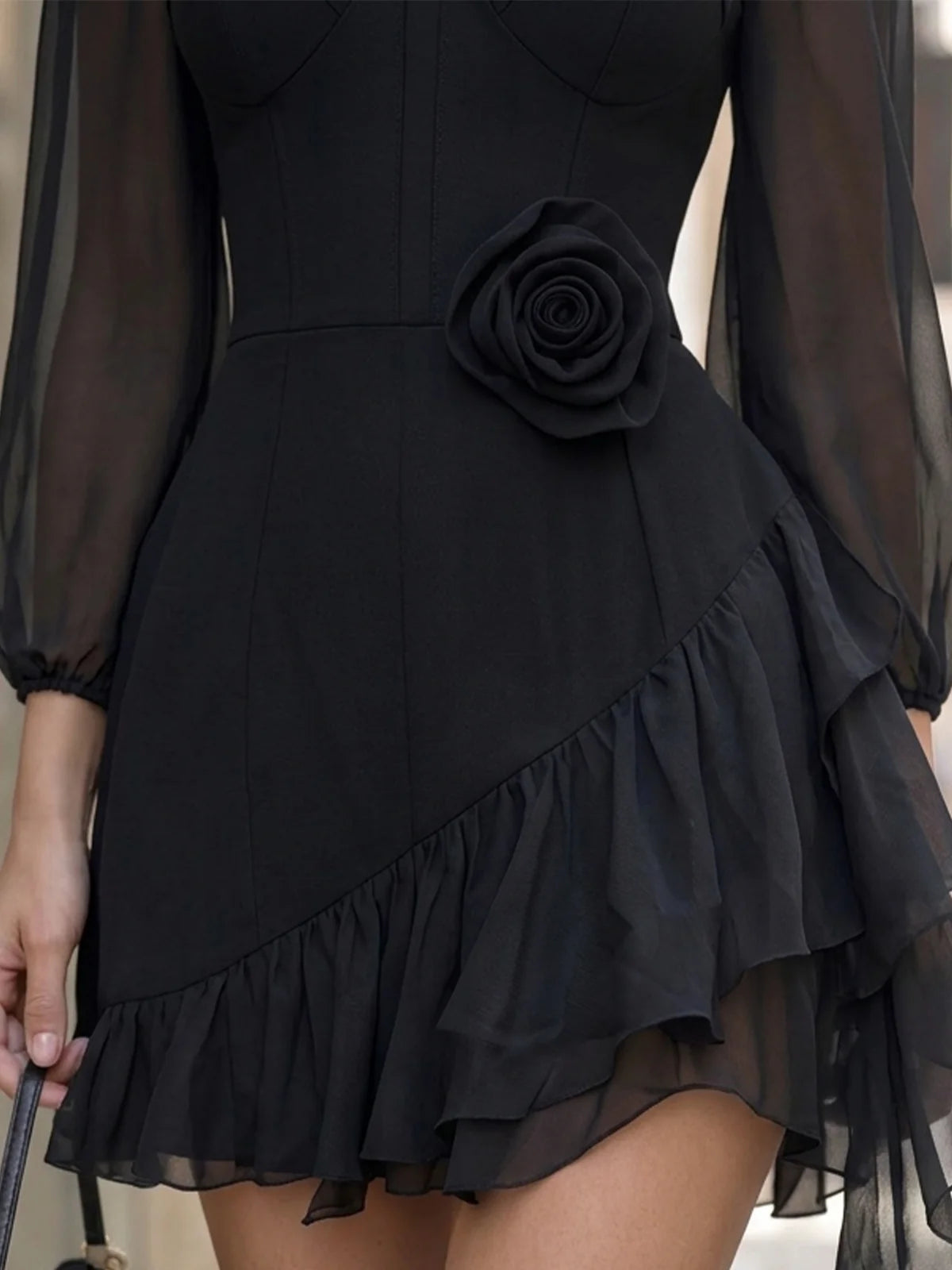 Women’s Sheer-Sleeve Rose Detail Mini Dress