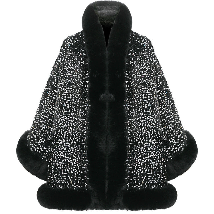 Women’s Sequined Faux Fur Trim Evening Shawl Wrap