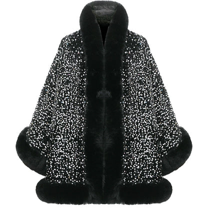 Women’s Sequined Faux Fur Trim Evening Shawl Wrap