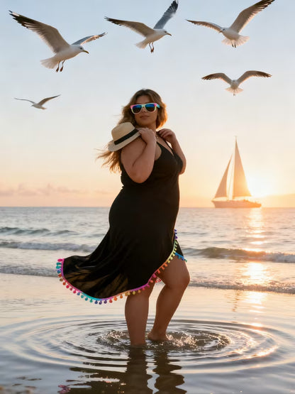 Women's Plus Size Pom Trim Beach Cover-Up