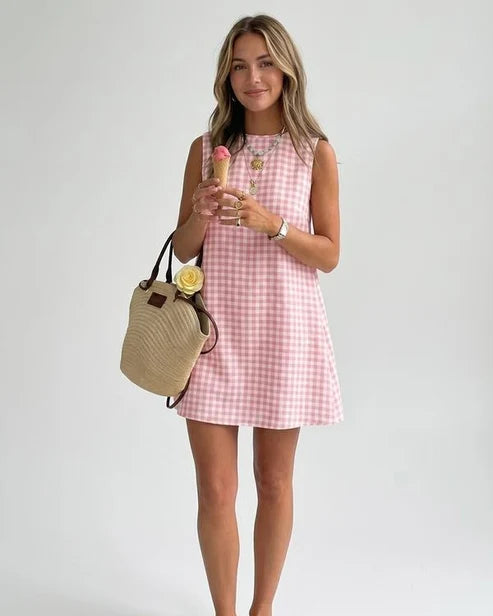 Women’s Gingham Sleeveless Shift Mini Dress