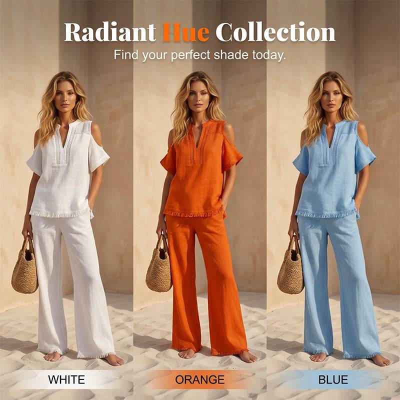 Women's Cut-Out Shoulder Top and Wide-Leg Trouser Set
