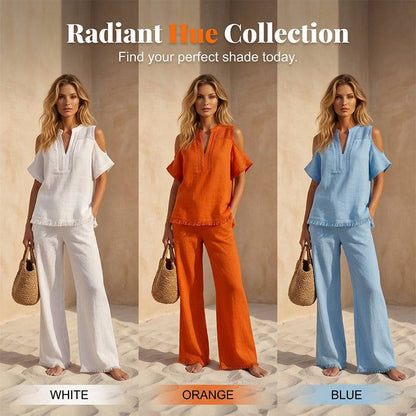Women's Cut-Out Shoulder Top and Wide-Leg Trouser Set