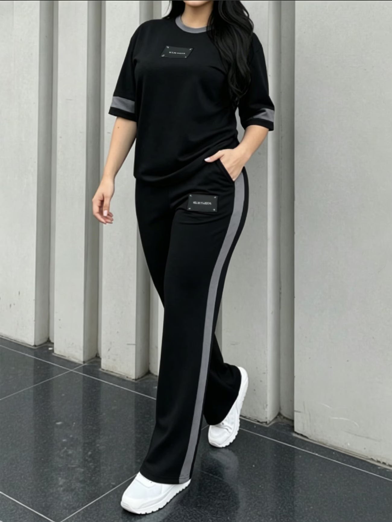 Women's Colour-Block T-Shirt and Trousers Set