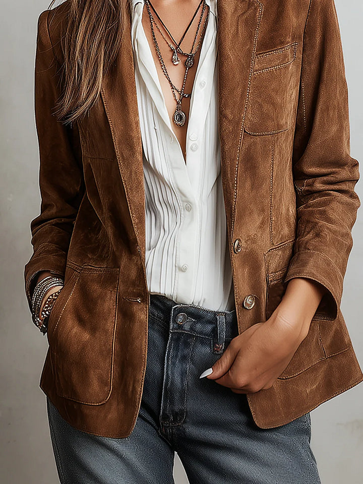 Women’s Vintage Brown Suede Contrast-Stitch Jacket