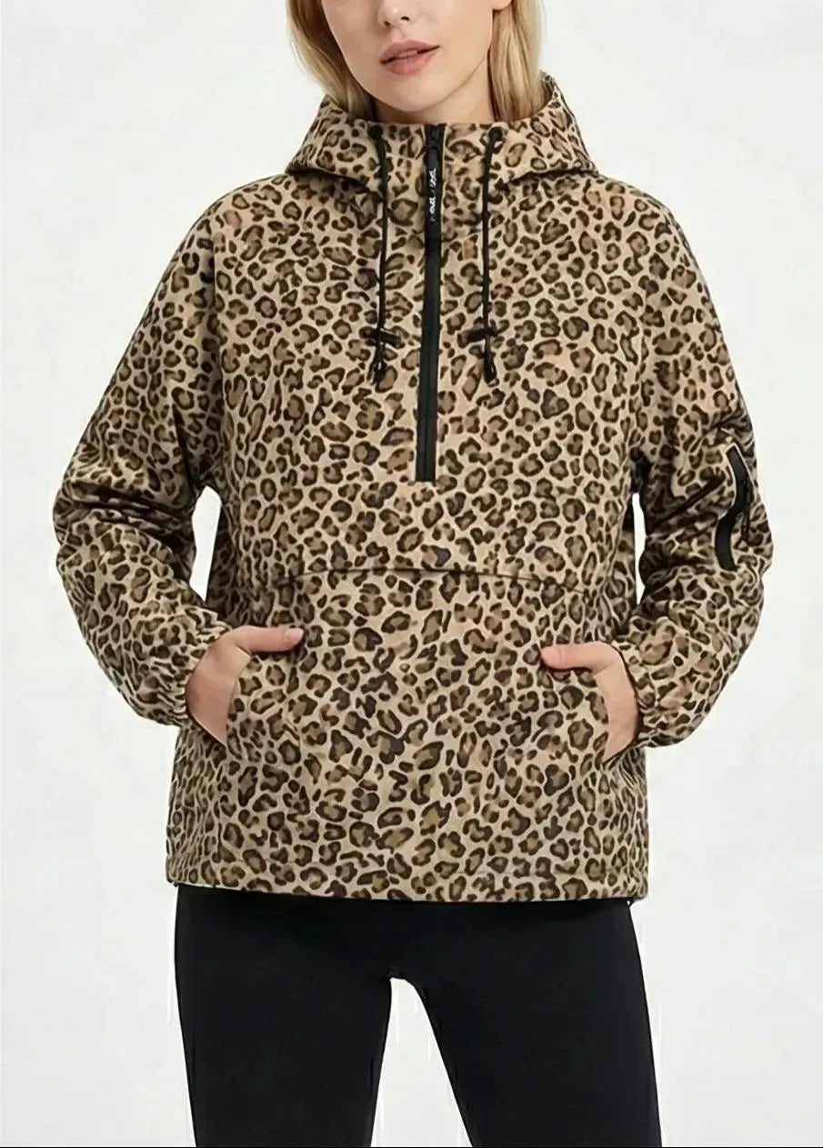 Women’s Fleece-Lined Waterproof Half-Zip Rain Jacket with Kangaroo Pocket