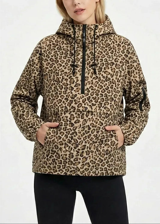 Women’s Fleece-Lined Waterproof Half-Zip Rain Jacket with Kangaroo Pocket