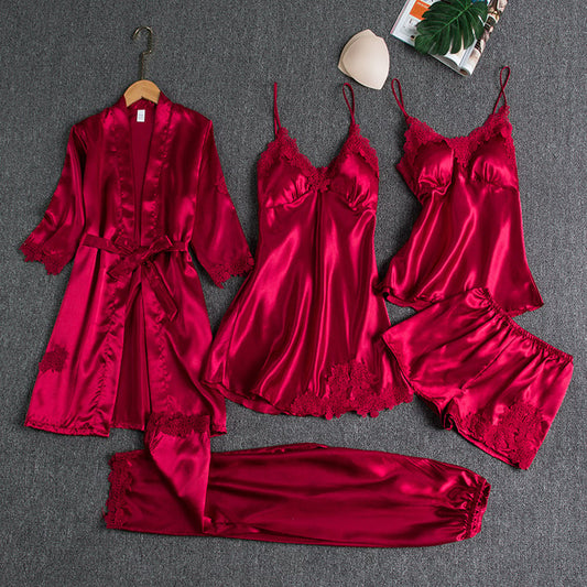 Women’s Silky Lace-Trim 5-Piece Nightwear Set