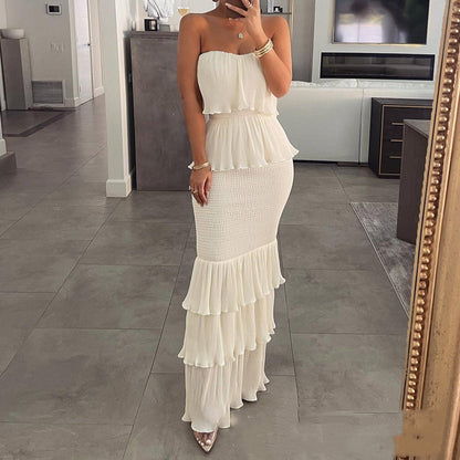 Women's Strapless Tiered Ruffle Maxi Dress
