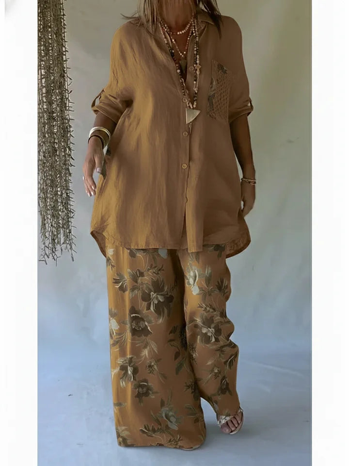 Women’s Casual Floral Linen Cotton Shirt & Trousers Set