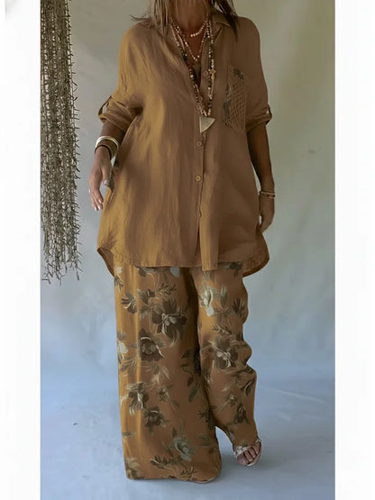 Women’s Casual Floral Linen Cotton Shirt & Trousers Set