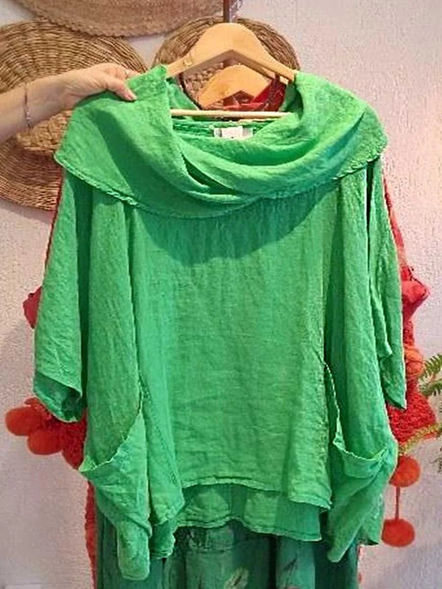 Women’s Draped Neck Linen-Blend Pocket Top