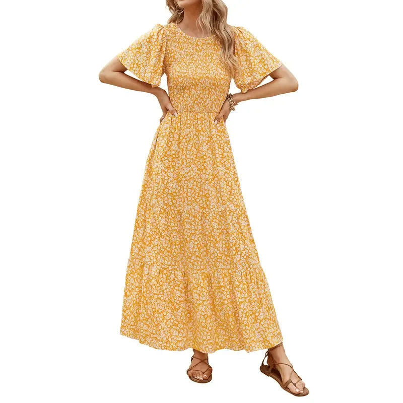 Floral Smocked High Waist Maxi Dress for Women