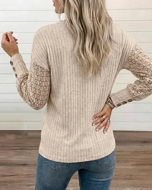 Women’s Lace Sleeve Button-Cuff Ribbed V-Neck Knit Top