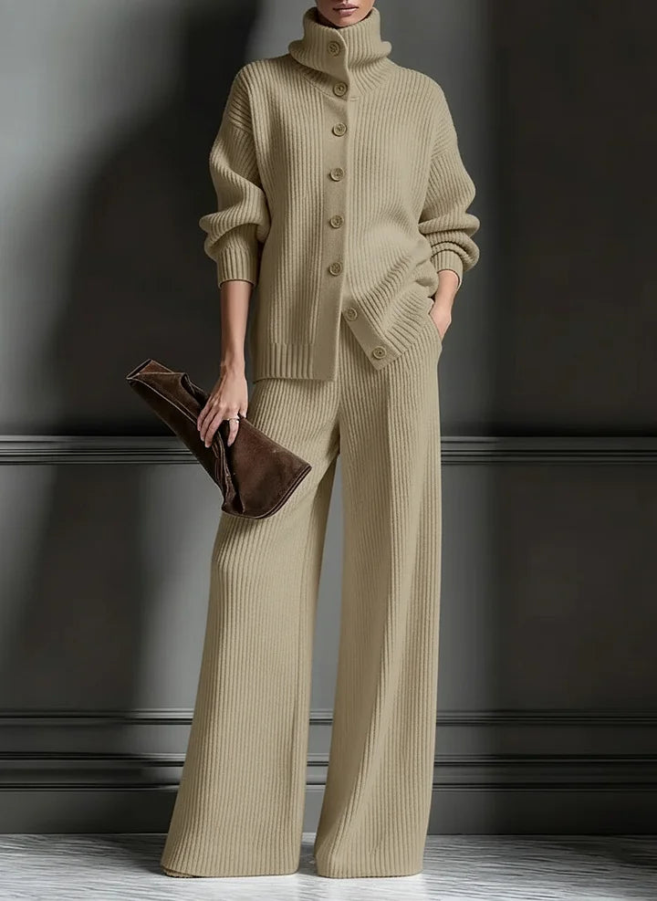 Women’s Luxe Ribbed Funnel-Neck Cardigan & Wide-Leg Knit Set