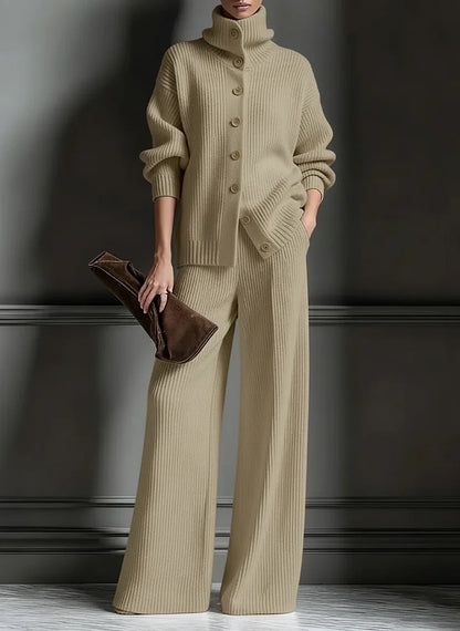 Women’s Luxe Ribbed Funnel-Neck Cardigan & Wide-Leg Knit Set
