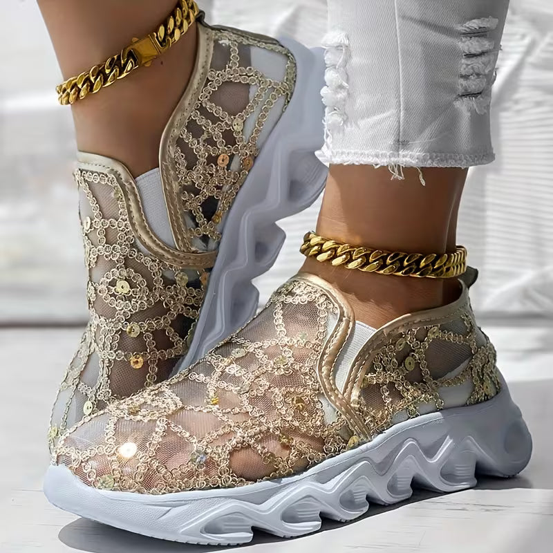 Women’s Crystal Mesh Lace Slip-On Trainers