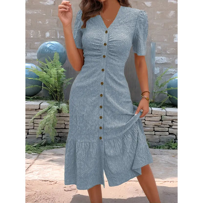 Women's Button-Front V-Neck Midi Dress