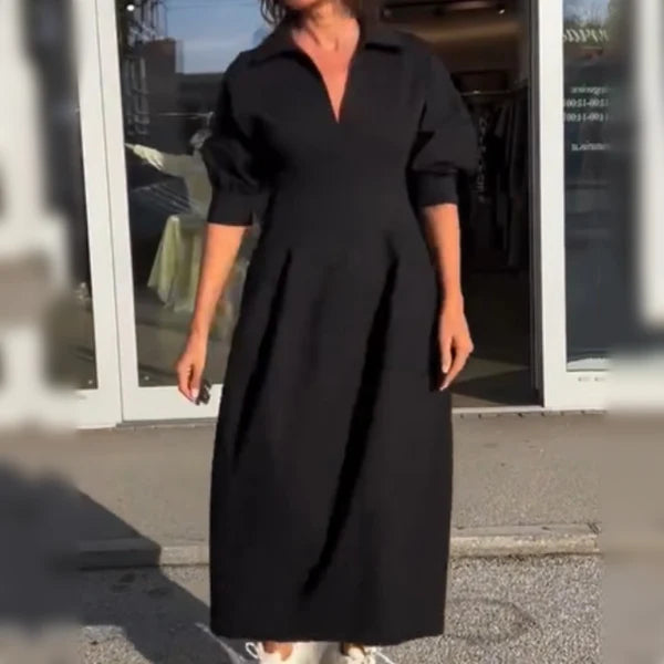 Blooming Elegance V-Neck Midi Dress with Lapel Detail