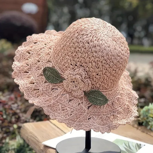 Handmade Elegant Crochet Straw Hat with Ruffle Detail