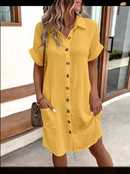Women's Buttoned Short Sleeve Pocket Casual Shirt Dress